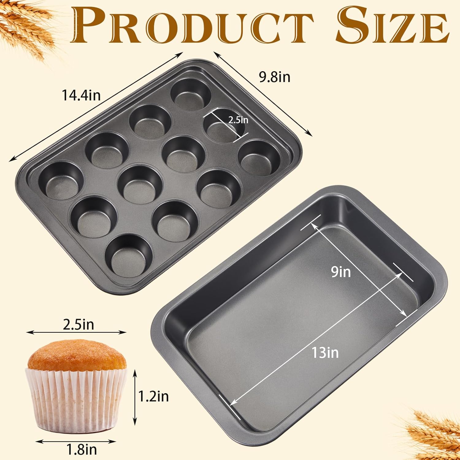 Qinyoung 2 Pcs 9" x 13" Cake Baking Pan with Lid 12 Cup Nonstick Muffin Pan with Handle Cupcake Carrier with Lid Carbon Steel Nonstick Bakeware for Brownie Baking Kitchen Cooking Holiday Party