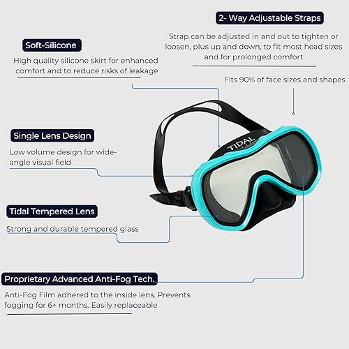 Miniatura 4 de Tidal Mask-Advanced - Máscara de buceo antivaho para buceo, snorkel, buceo libre y natación. Lente única de vidrio templado gran angular.