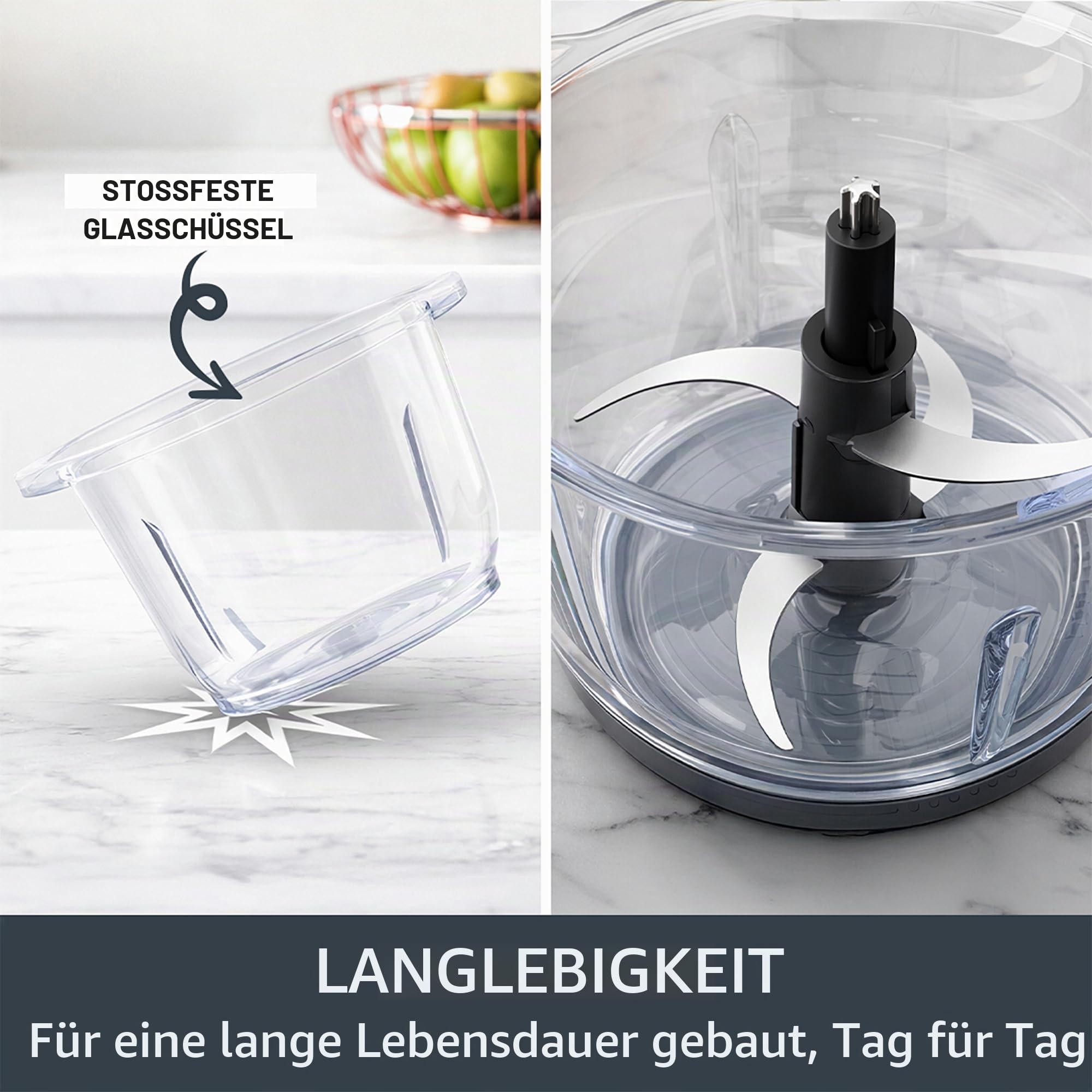 Tefal Choppeo XXL Zerkleinerer Kapazität, 2L Glasschüssel, Küche Mini Küchenmaschine, Anti-Rutsch-Matte, Aufbewahrungsdeckel für Reste, 2 Geschwindigkeiten, 500W, Hummus, Gemüse, Grau MB603BG1
