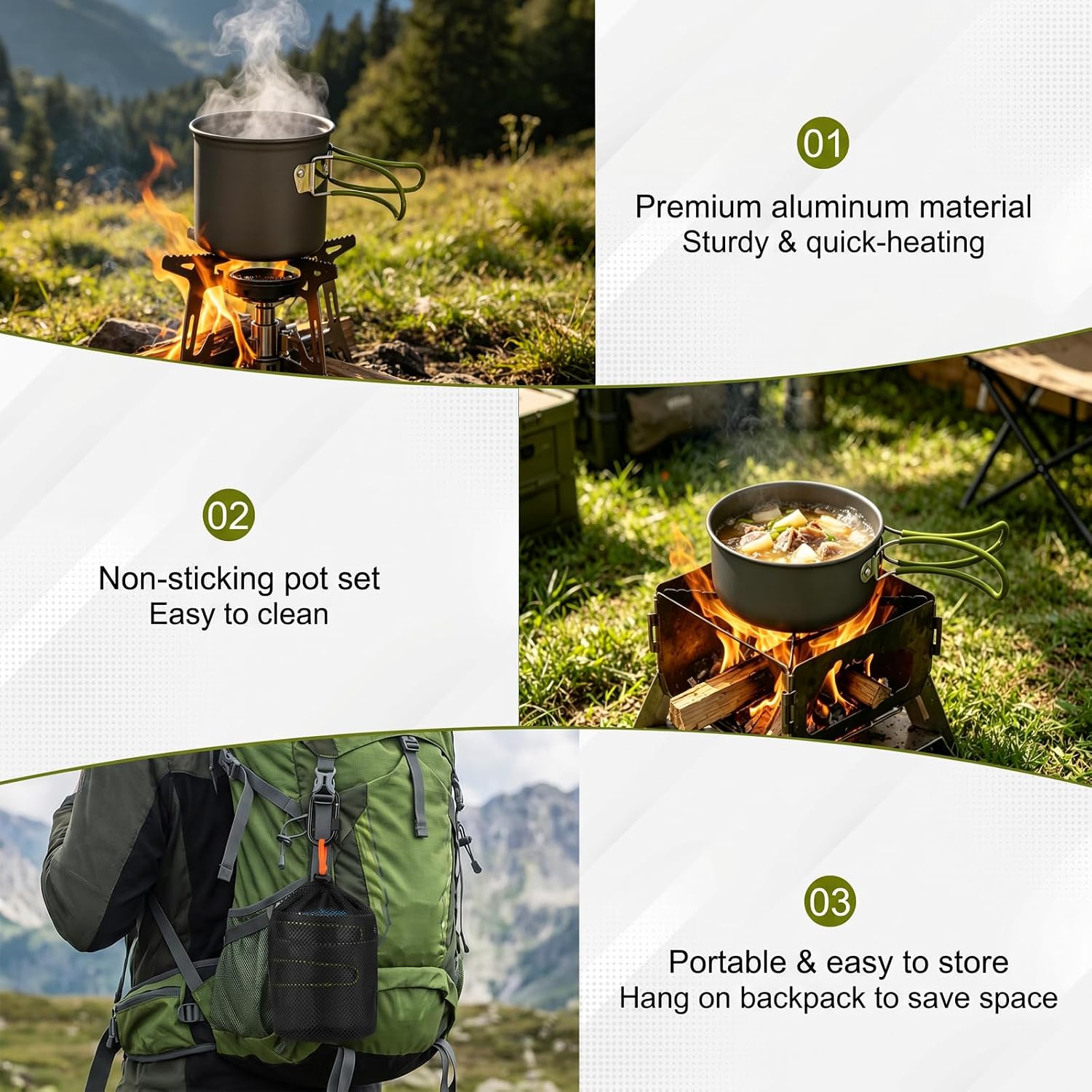 Camping Backpacking Cooking Set, 8pcs Camping Mess Kit Cookware Pot and 170ML Stainless Steel Cup & Fork Spoon Backpacking Cookware Set for Camping Hiking Picnic Outdoor Cooking