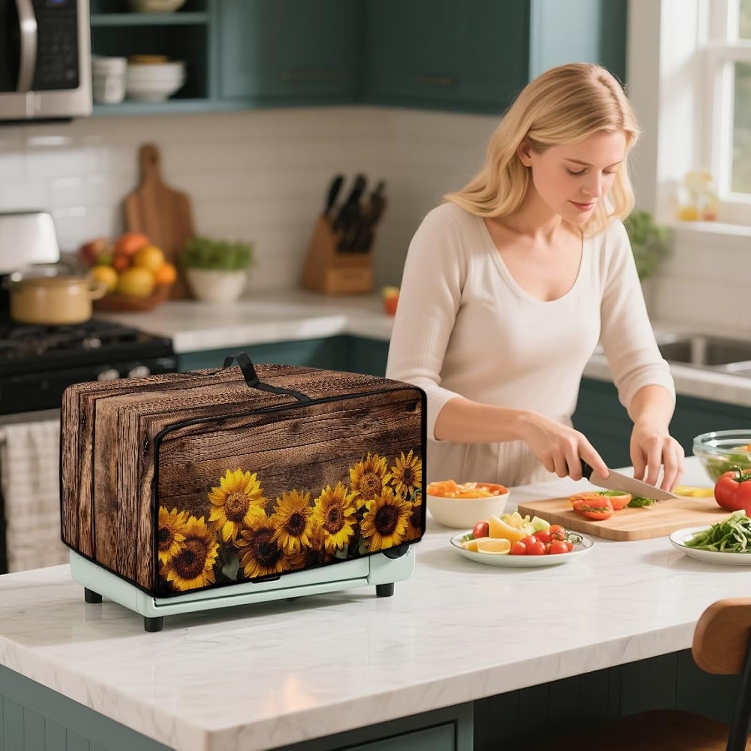 Wooden Board Sunflower Print Toaster Oven Cover with Storage Pockets, Heat-resistant Dust-proof Microwave Oven Cover, Fit Most Small Appliances, Brown (Small-14.5 * 18.46 * 9 inches)