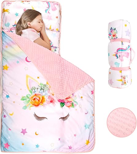 Tapete para siesta para niños pequeños con almohada extraíble y manta suave de lunares Minky Pea Pod Kids de unicornio, bolsas de dormir enrolladas