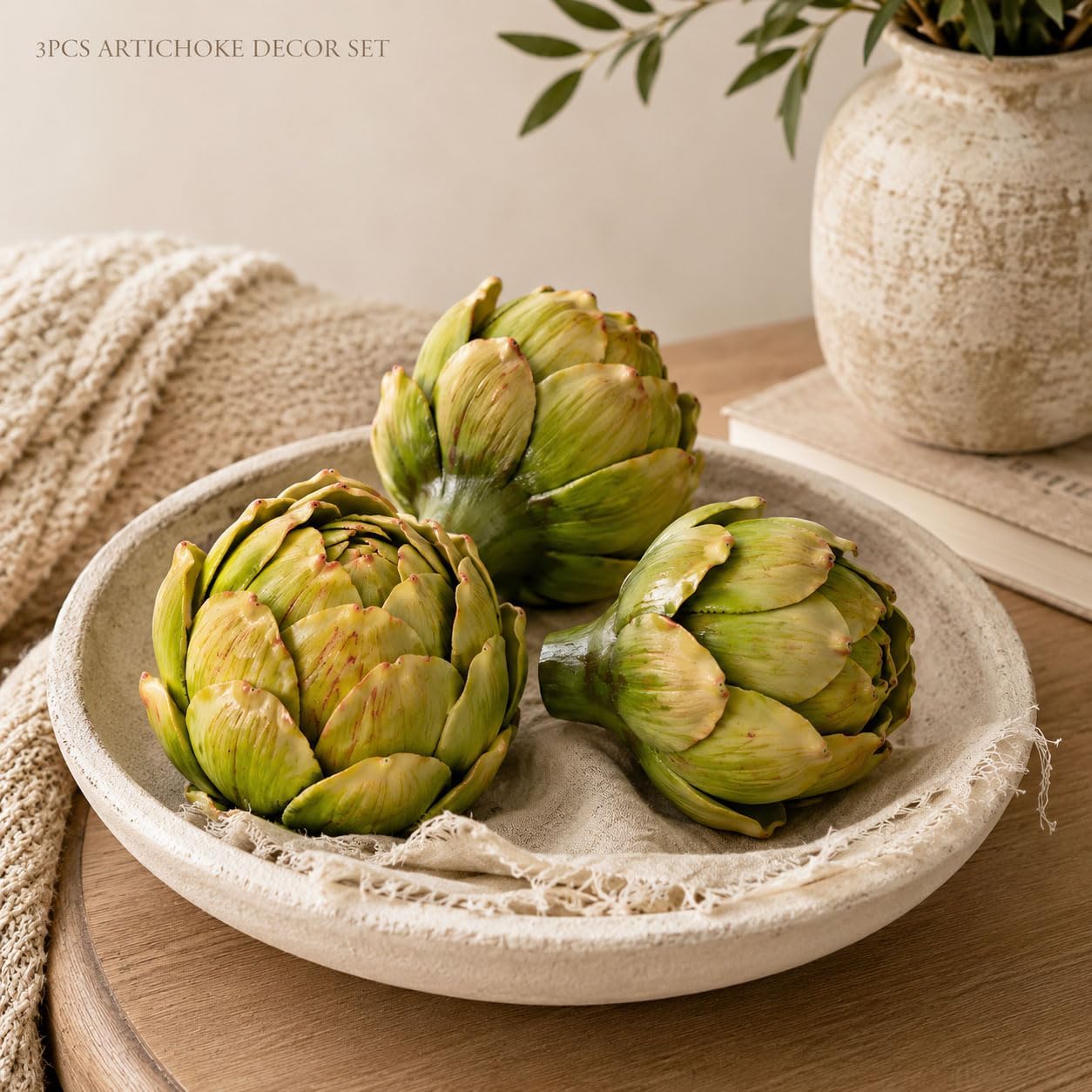 Artificial Artichoke Decor Set of 3, Realistic Faux Green Artichokes for Kitchen Counter, Coffee Table, Dining Table & Farmhouse Home Decor, Rustic Bowl Fillers