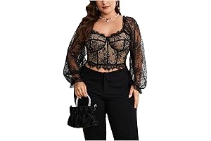 Women's Plus Size Floral Lace Sweetheart Neck Long Sleeve Blouse
