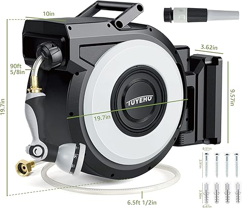 Miniatura 6 de Tuyeho Carrete de manguera de jardín retráctil de 58 pulgadas x 90 pies, carretes de manguera de agua para montaje en pared con sistema automático