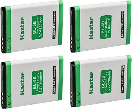 Kastar BL-5B Battery 4-Pack Replacement for Praktica DMMC 10, Jazz Pose Rii i8, Tecsun Q3 Orange FM Radio MP3 Player and Recorder, Topblue V2.0 Bluetooth TB-521, Yashica BL-5B EZ Digital NV-1