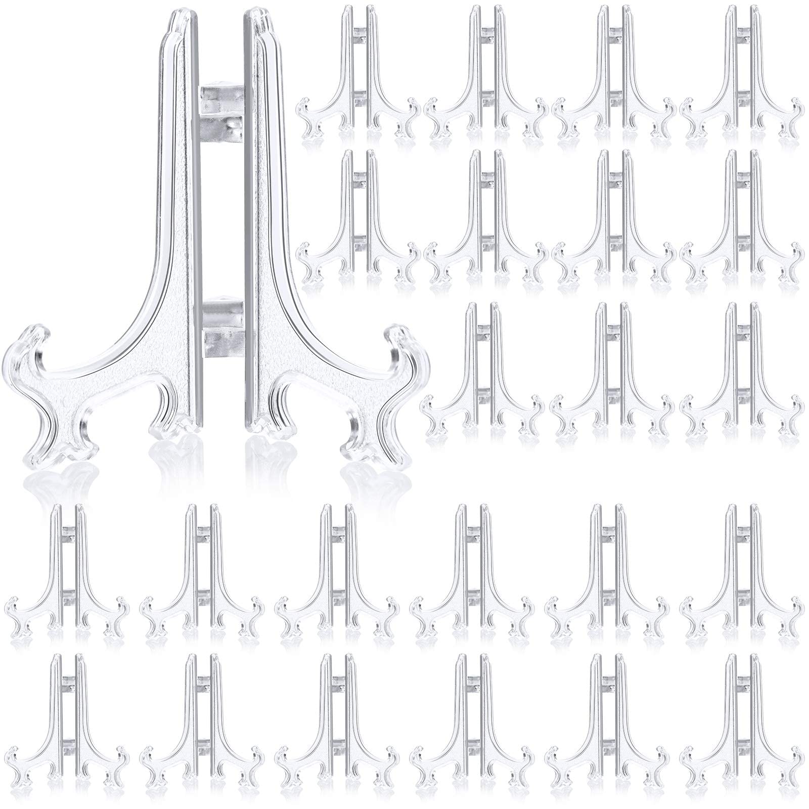 MAKINGTEC Mini Transparent Easel, 24 Pieces Ceramic Plate Photo Frame Craft Plastic Display Stand Holder Home Desktop Decor Accessories for Wedding Hotel Party (5 Inch) (Clear)