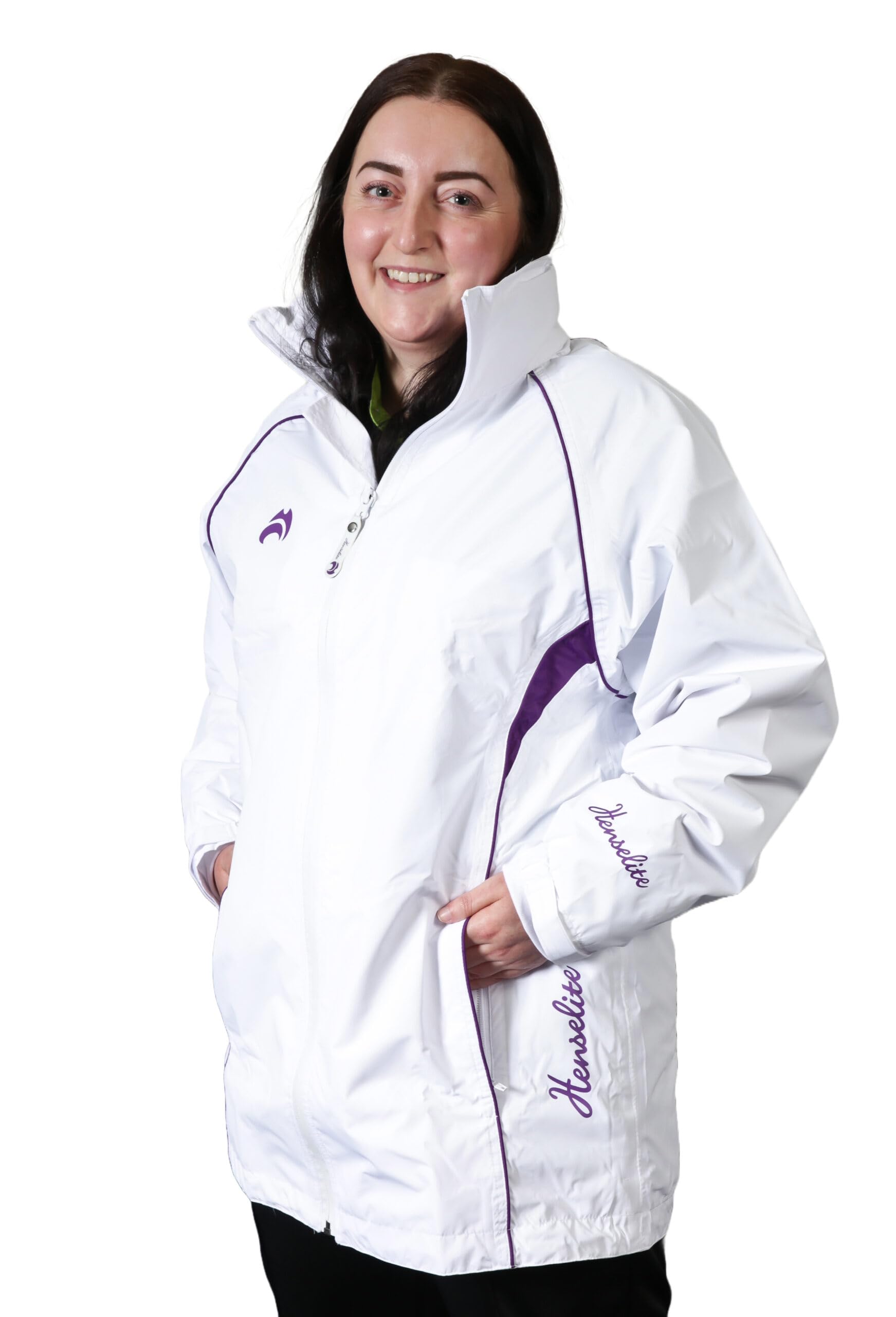 Henselite Ladies Waterproof Lawn Bowling Jacket in White & Purple. (White & Purple, 20)
