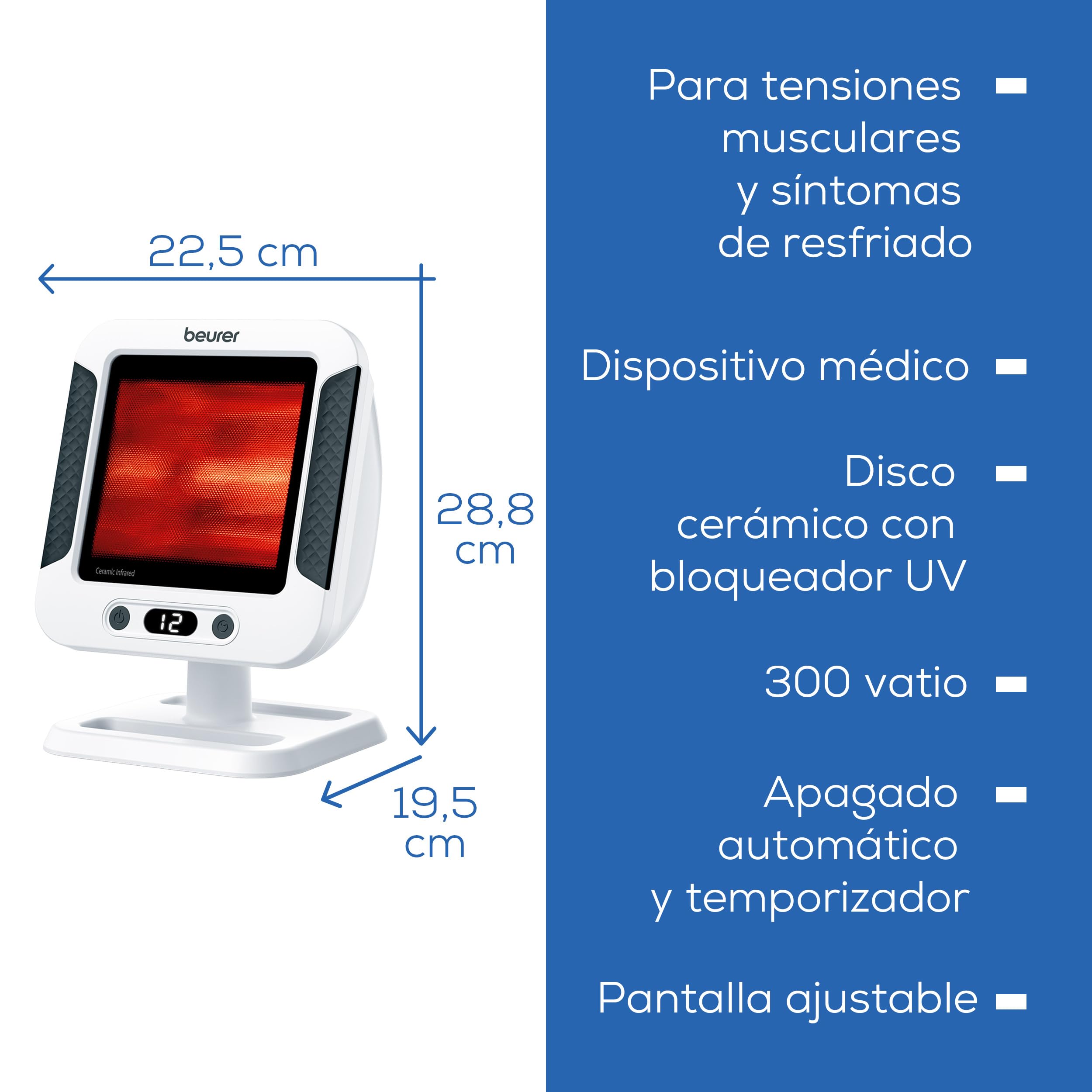Beurer IL 60 Radiador de calor infrarrojo, calor calmante para resfriados y tensiones musculares, dispositivo médico con 300 vatios y temporizador, placa cerámica con protección UV, regulable