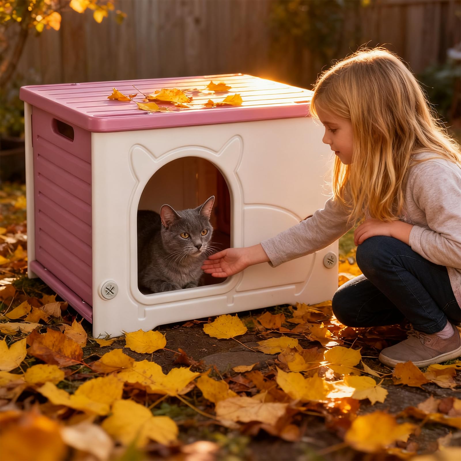 PETCUTE Casetta per Gatti in Plastica per Esterni,per Interni ed Esterni,Impilabile,Cuccia Cane Esterno,Isolata,Impermeabile,Rifugio Resistente all'Acqua,per Gatti Selvatici,Rosso Rosa
