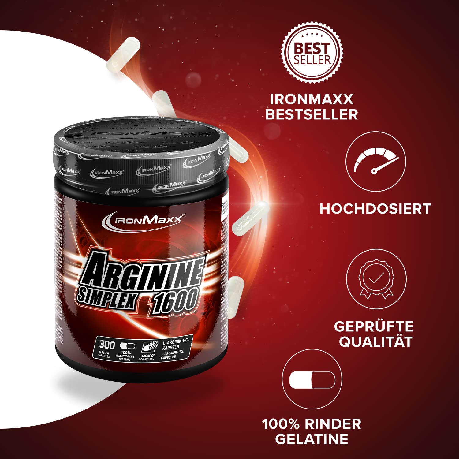IronMaxx Arginin Simplex - 300 Stück | Reines L-Arginin | Einfach einzunehmen und ideal für unterwegs