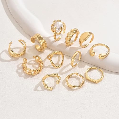 Vista 4 de Juego de 12 anillos gruesos para mujer, anillos de oro que no se deslustra, anillo ajustable para mujer, anillo vintage apilable, joyería gruesa