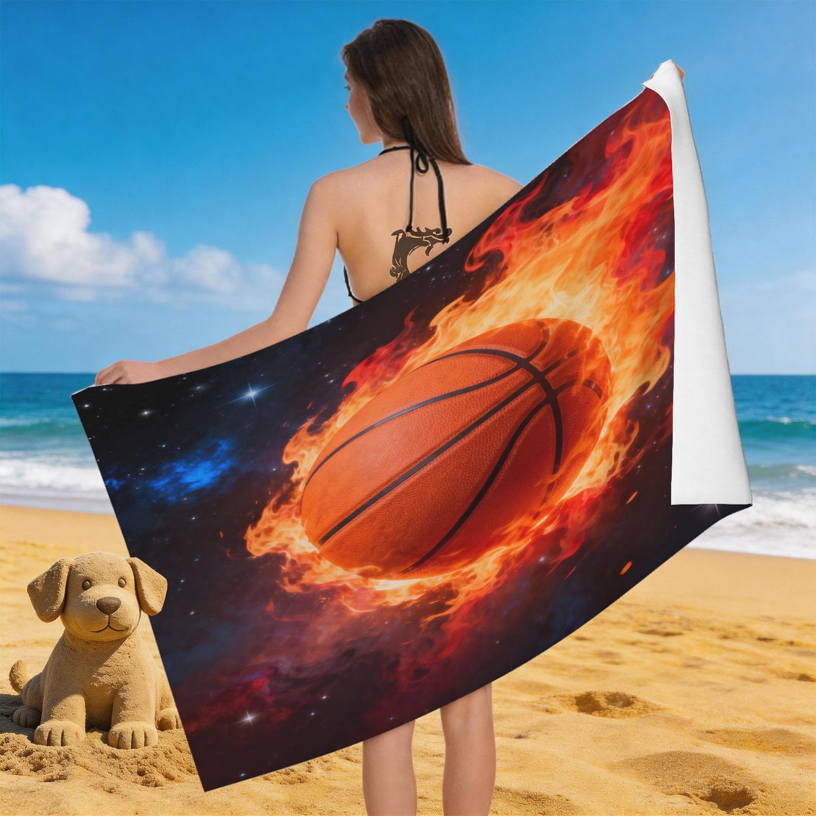 Leichong 3D Basketball Beach Towel Microfiber Soft Quick Dry for Adults, Sports Theme Bath Towel Lightweight Soft Absorbent for Travel Swimming Pool Sports, 75 x 150 cm