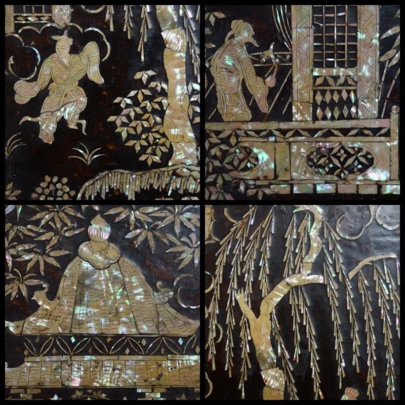 清朝 青貝螺鈿象嵌『楼閣風景人物物語文』卓 花台 飾台 盆栽台 木製