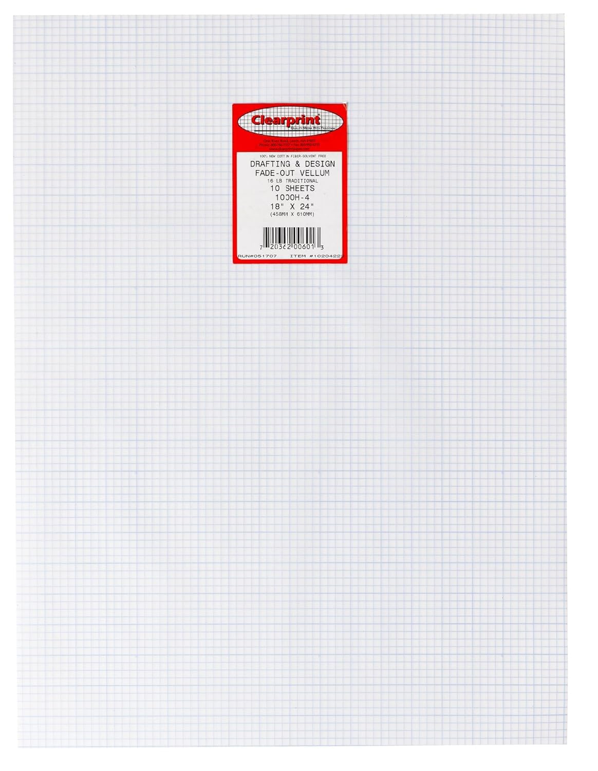 Clearprint 18" x 24" 1000H Design Vellum Sheets with Printed Fade-Out 4x4 Grid, 16 lb., 100% Cotton, 10 Sheets Per Pack, 1 Each