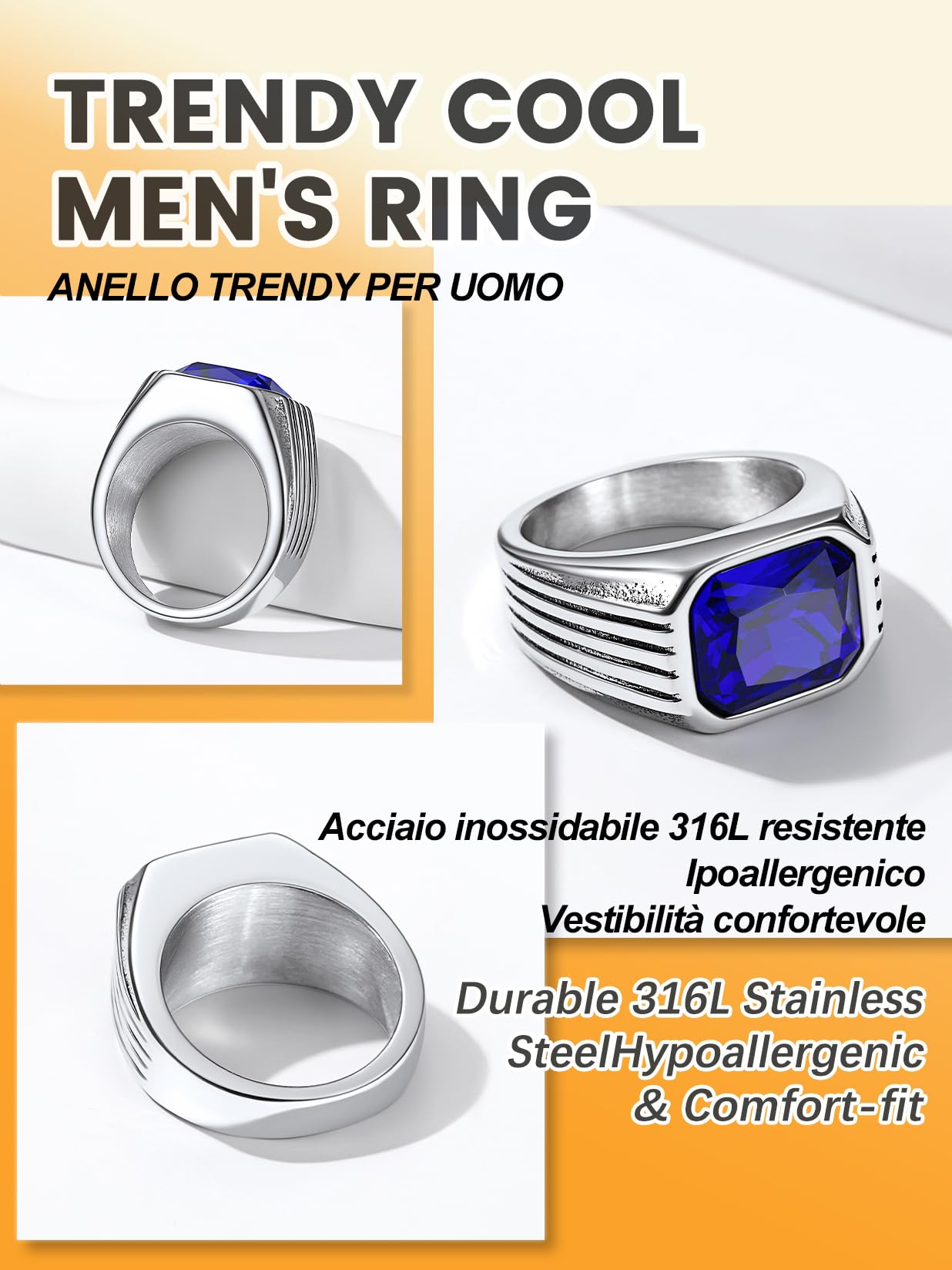 Bestyle Anello Acciaio Inossidabile Uomo, Anello Uomo Argento/Nero con Pietra Rubino/Zaffiro/Smeraldo/Onice Nero, Anello Personalizzato Ragazzo Maschio con Misura IT 14.5-32.5, Idee Regalo