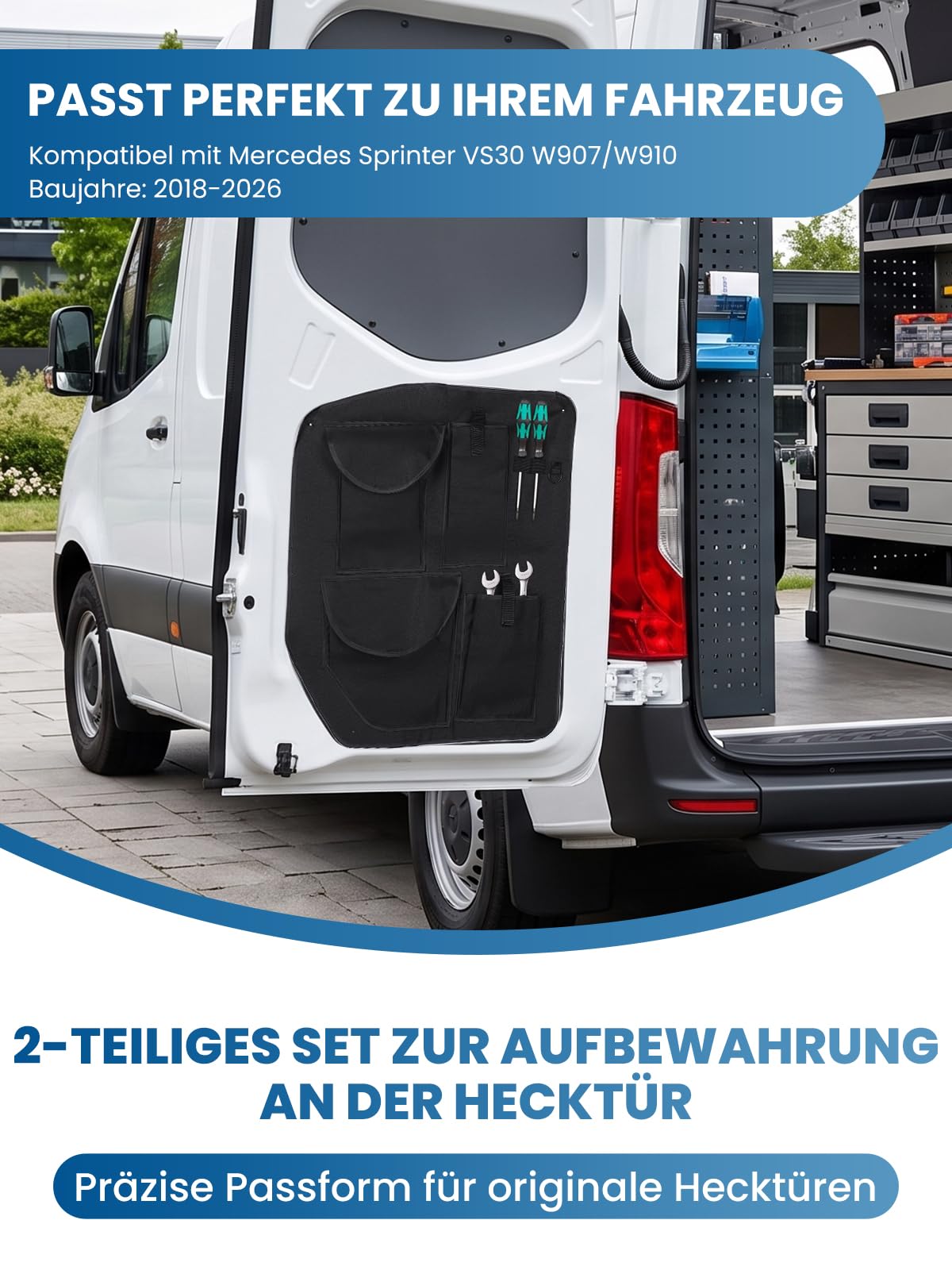 2er Set Aufbewahrungsorganizer Kompatibel mit Sprinter 2018-2026 VS30 W907/W910 Scheunentor Hecktür Taschen Kofferraum Auto Camping Zubehör Werkzeugtasche 600D Oxford Gewebe Wasserdicht