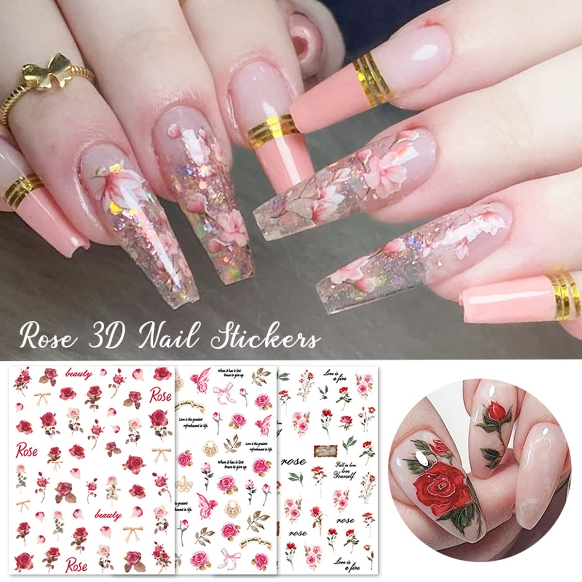 6 Sheets 3D Spring Floral Nail Stickers - Self-Adhesive Colorful Retro Rose Flower Nail Art Decals for Women DIY Nail Decorations