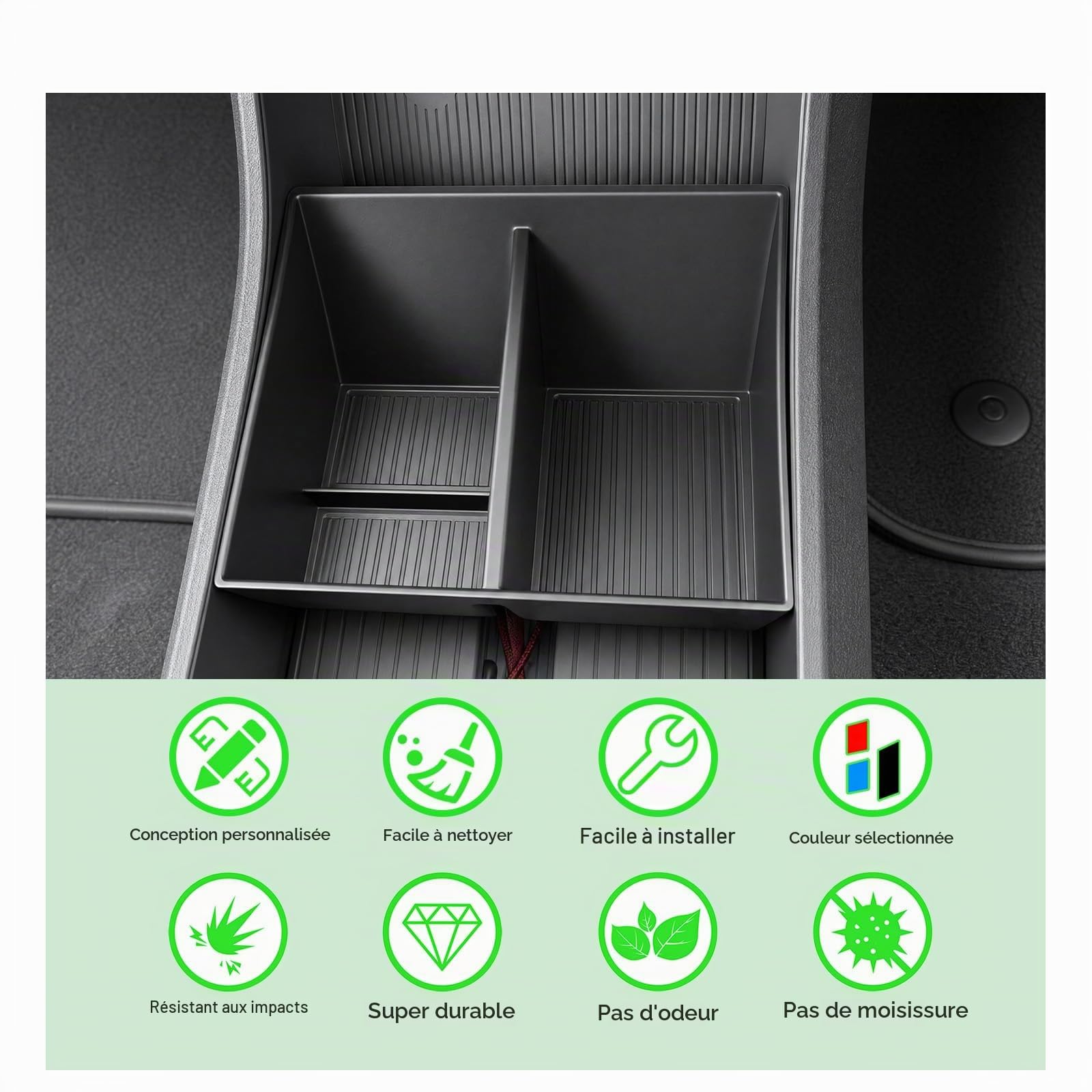 GAFAT Compatible avec Volvo EX30 2026 2025 2024 Boîte de rangement pour console centrale, plateaux de rangement inférieurs pour EX 30 accessoires, en caoutchouc TPE, antidérapant avec 4 coussinets en