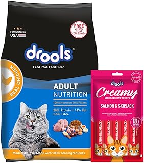 Drools Adult Dry Cat Food 1kg with Free Creamy Treat 75g | Real Chicken Flavour | Hairball Control | Taurine for Cardiac S...