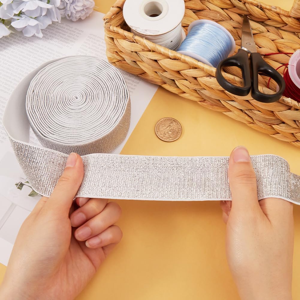 GORGECRAFT 6.6 Yards Silver Glitter Elastic Band 1.57in/4cm Wide Metallic Stretch Ribbon Sewing Woven Knit Spool Trim Headband for Crafting Waistband Pants Waist Webbing Garment Clothes Accessory