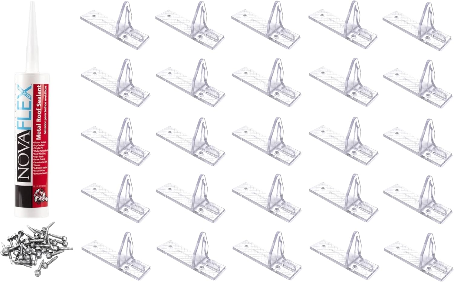 JSP Manufacturing Clear Plastic Aspen 25 Piece Mini Snow Guards with Mounting Hardware for Adhesive or Mechanically Fasten on Metal Roofs (Snow Guards with Metal Screws & Sealant)