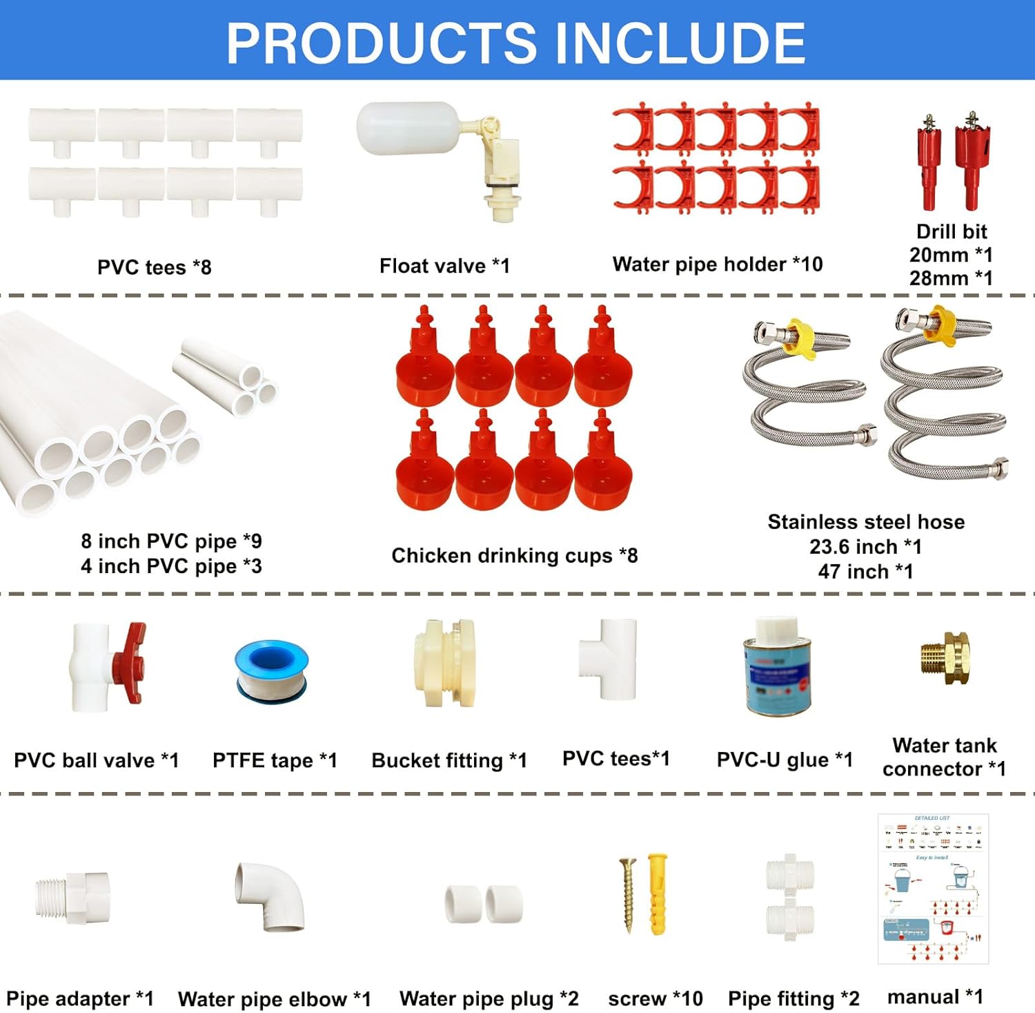 Complete Set Pipeline Automatic Chicken Waterer System with PVC Pipeline and 304 Stainless Steel Hose, Chicken Water Cups, Chicken Watering System. (No Bucket Included)