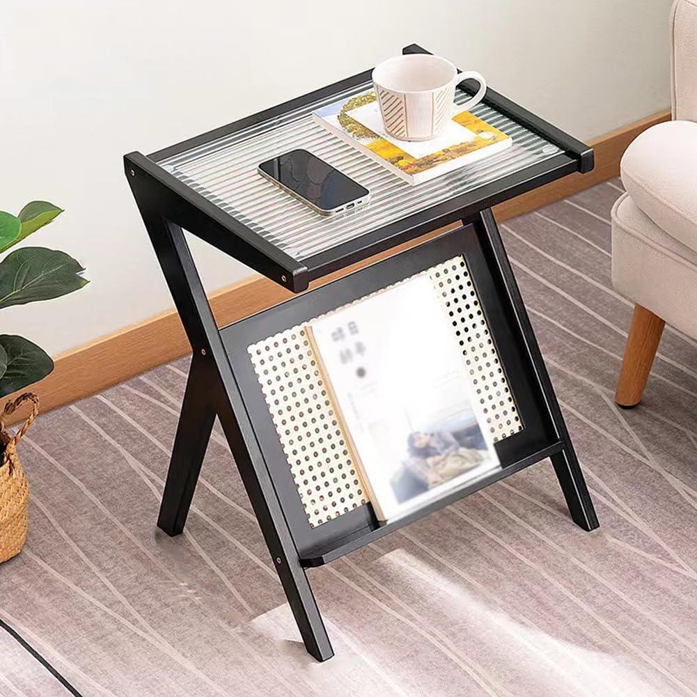 SXZenSpace Tempered Glass Snack Side Tables with Bamboo Rattan Frame, Modern End Table Storage Shelf,Couch That Slide under for Small Space,Living Room,black,A