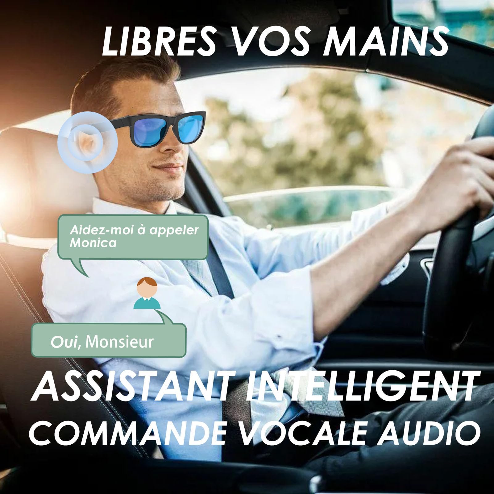 Lunettes Connectées tactil Contrôle Homme Smart Glasses Lunettes Intelligentes Ecouteur sans Fil Smart Glasses pour Android iOS Musique Telephone Sport Velo Assistant Vocal Etanche