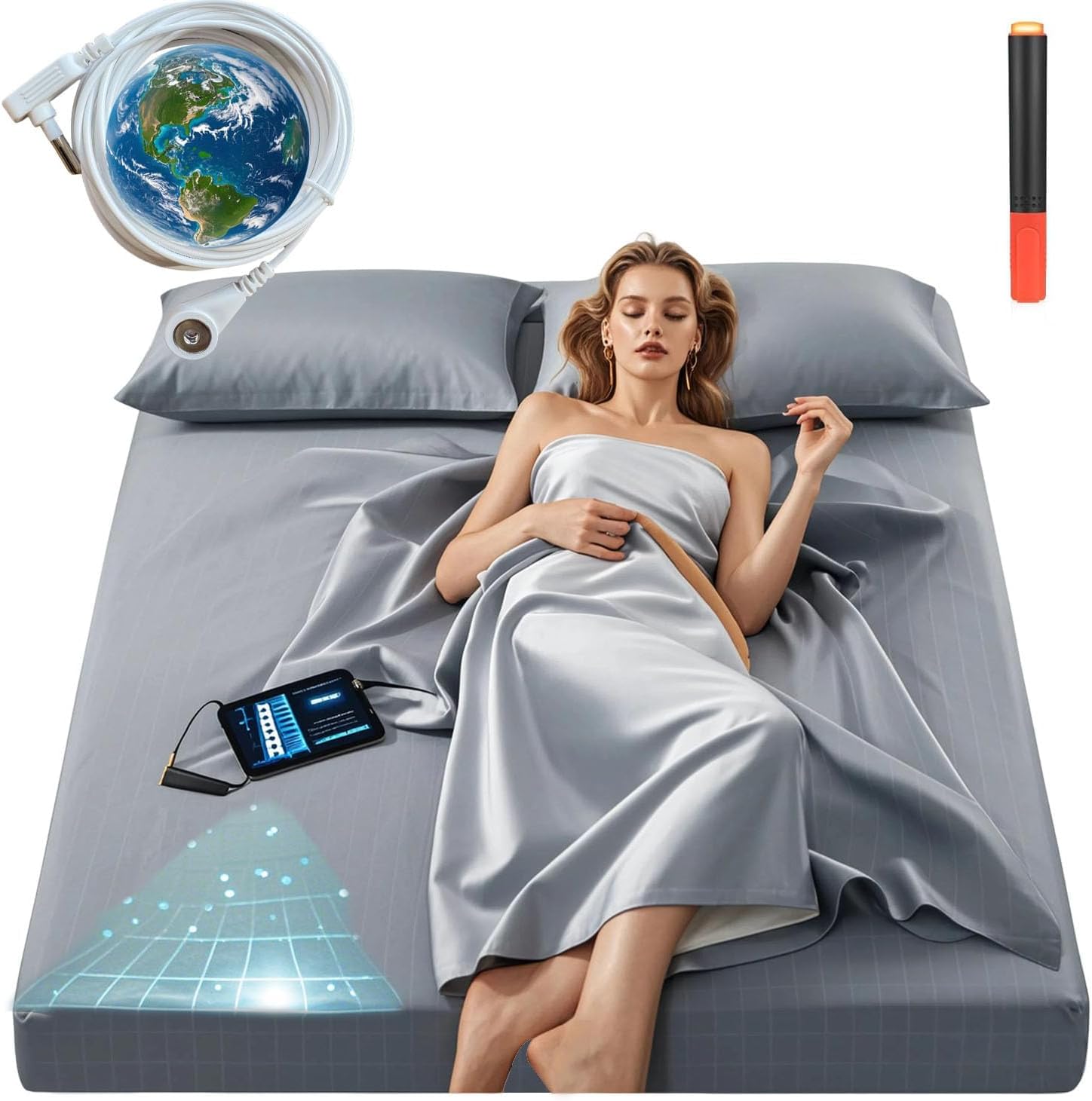 Grounding Sheets Queen Size, 20% Pure Silver Fiber + 80% Organic Cotton, Grounded Sheet Earth Connected Bedding Fitted Earth Sheets with Grounding Cord