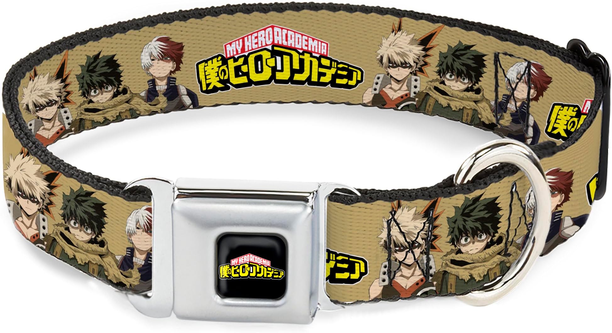 Crunchyroll Pet Collar, Dog Collar Metal Seatbelt Buckle, My Hero Academia Character Trio Pose and Title Logo Tan, 20 to 31 Inches 1.5 Inch Wide