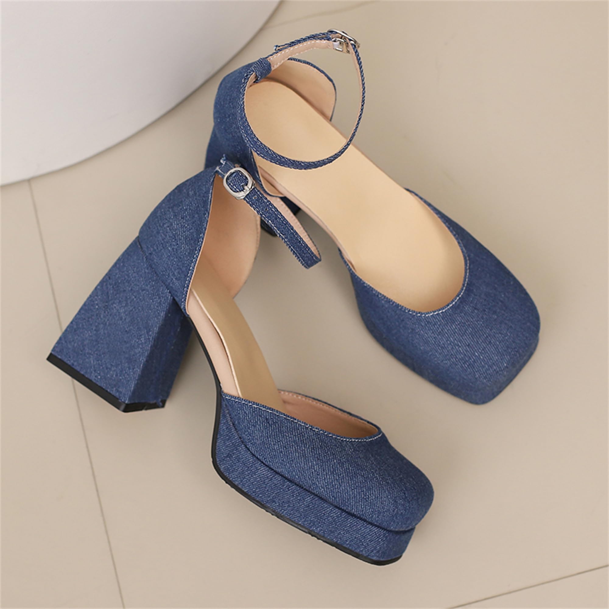 Zapatos Mary Jane sexys con Punta Cuadrada Cerrada y Tiras en Tobillo para Mujer,Tacones Bloque con Plataforma sexys,Sandalias tacón Elegantes para Fiesta