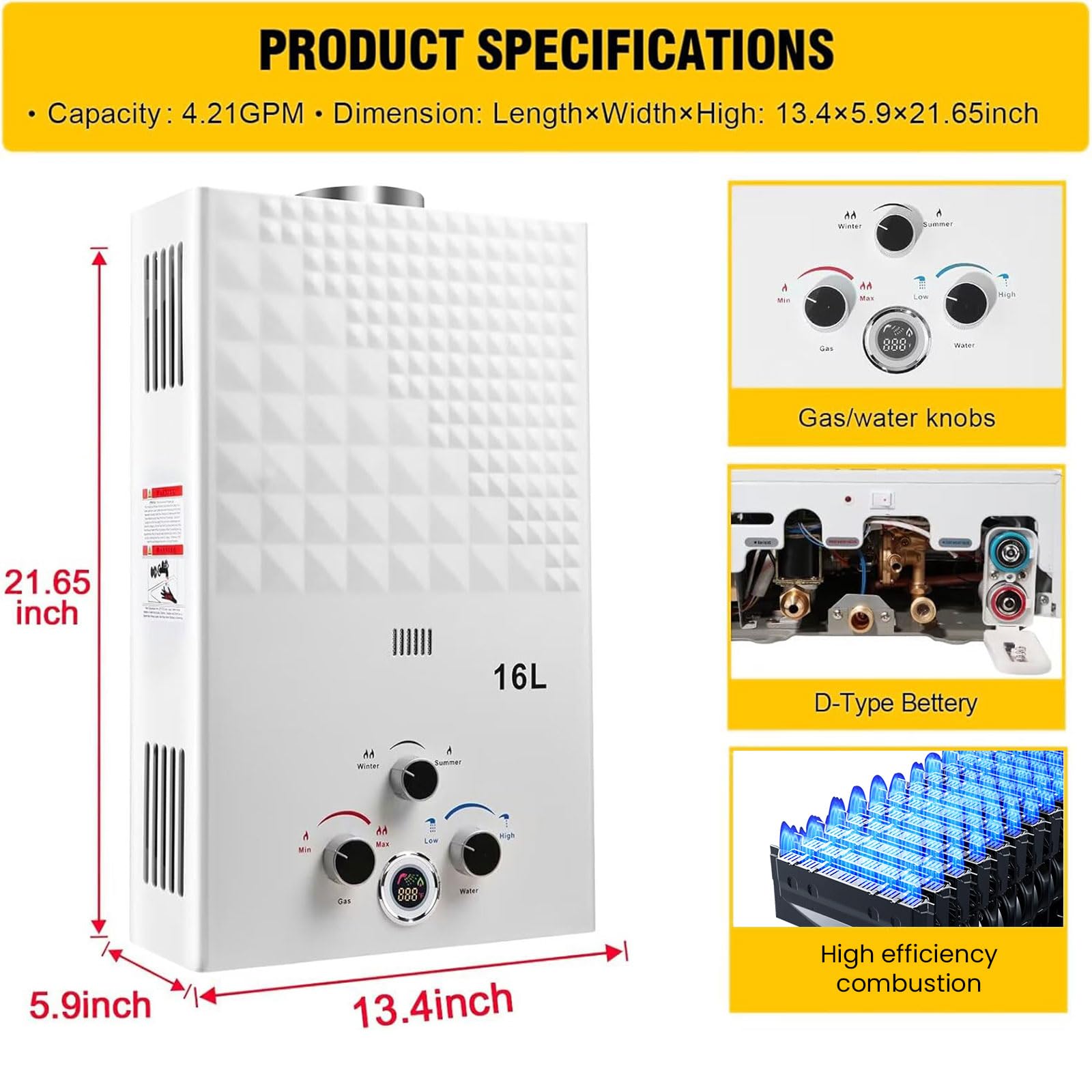 Scaldabagno a Gas 16L, All'aperto Portatile Scaldabagno Istantaneo a Propano Con Display Digitale Multi-Protezione Parete senza Serbatoio Scaldacqua Istantaneo Automatico(Bianco)