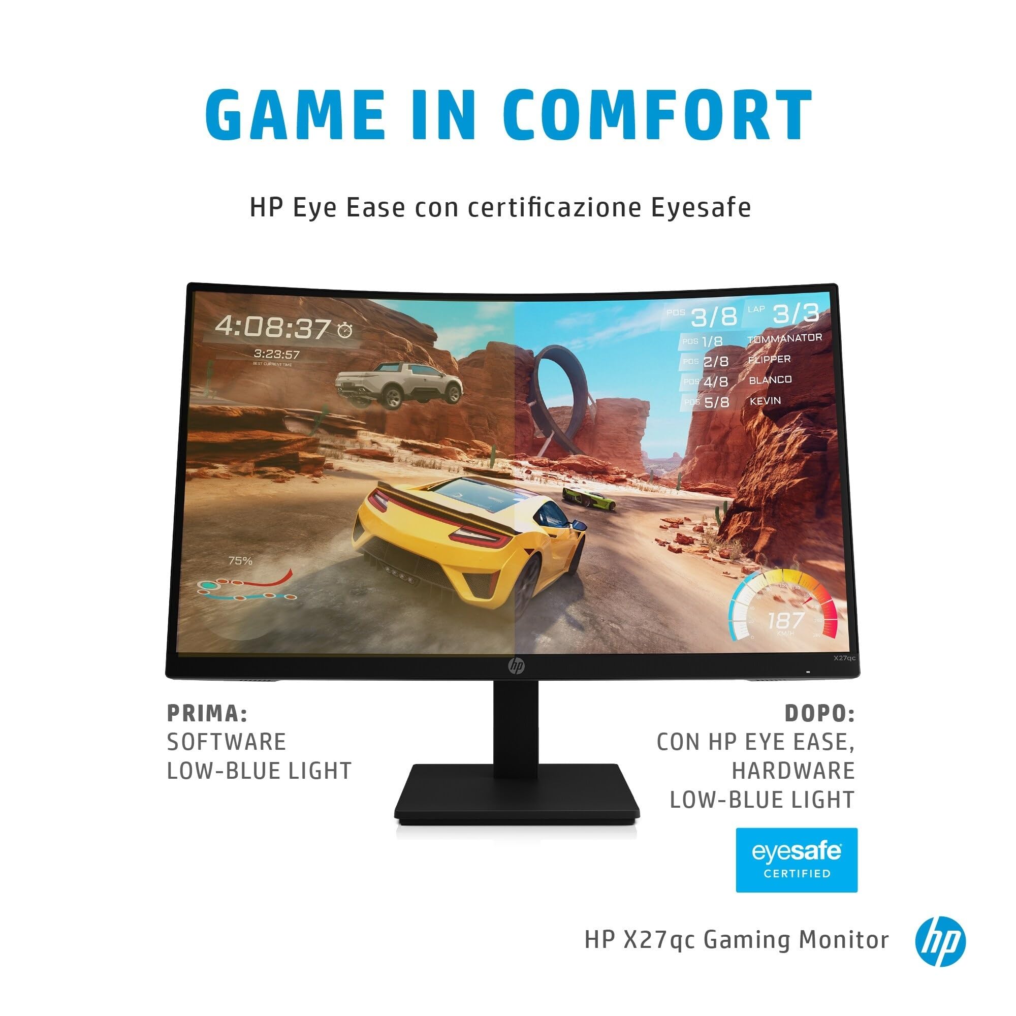 HP X27qc Gaming Monitor Curvo da 27 pollici, Pannello VA 16:9 QHD 165Hz, 1 ms, Antiriflesso, 350 nits, 3000:1, AMD FreeSync Premium, Low Blue Light, VESA 10x10 cm, HDMI 2.0, Displayport 1.4, Nero