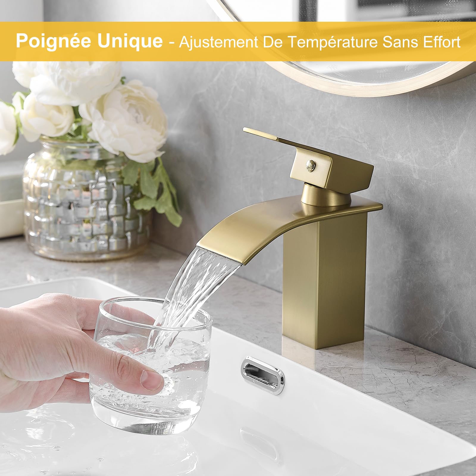 BESy Bec Cascade Robinet Salle de Bains, Mitigeur Lavabo à Une Poignée, Robinet Lavabo RV, Acier Inoxydable, Finition Dorée Brossée