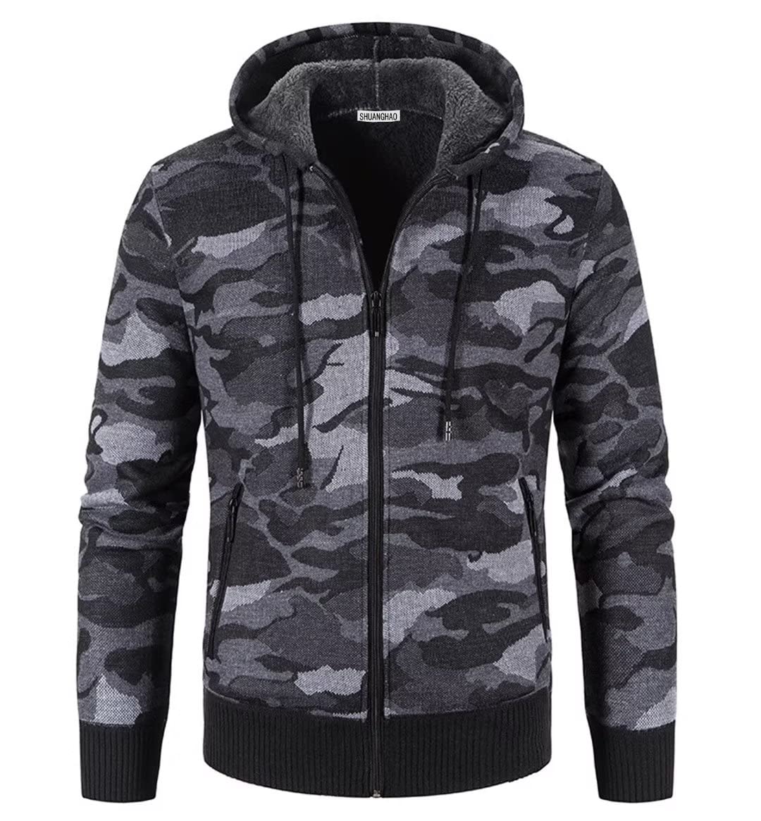 Uomo Militare Magliaone Maglioni Autunno Invernale Cardigan Giacca di Felpato Casual con Zip Cappuccio Abbigliamento Calda Morbida Elegante Outwear Tops Giacca da Volo per Uomo Grigio L