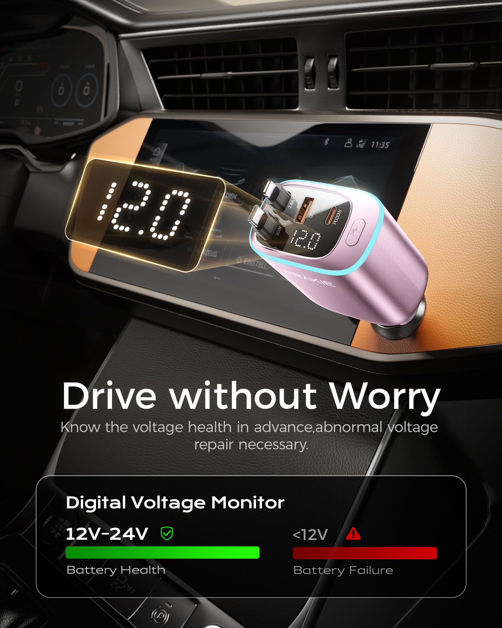 Caricabatteria da auto per iPhone con 2 cavi USB C retrattili - Rosa