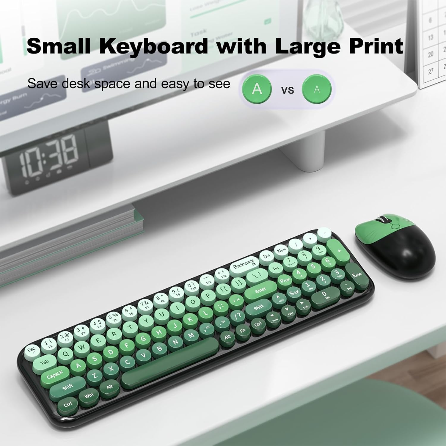 Wireless Keyboard and Mouse Combo, MOWUX Compact Typewriter Retro Round Computer Keyboard, Cute Optical Mouse Wireless, Plug and Play, for Laptop, PC, Computer- Black Green Gradient