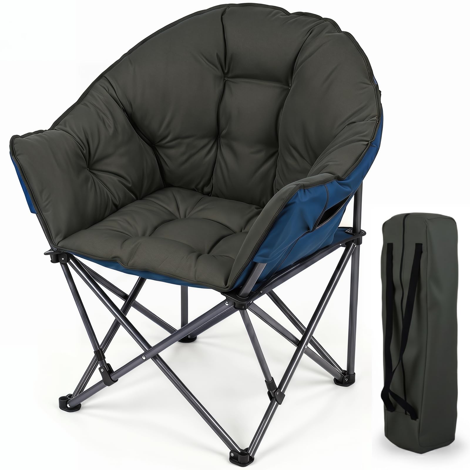 TANGZON Oversized Camping Chair, Padded Folding Moon Chair with Wide Seat, Cup Holder & Carry Bag, Portable Outdoor Oxford Fabric Chair for Camping Fishing Beach Garden (Green + Blue)