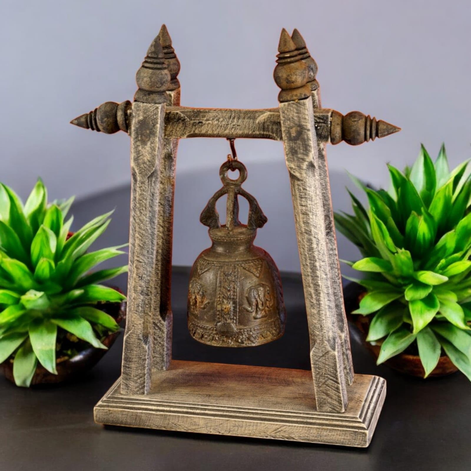 Cloche temple avec trépied - Cloche en bronze - Bois massif - Décoration thaïlandaise - Trépied de 30 cm