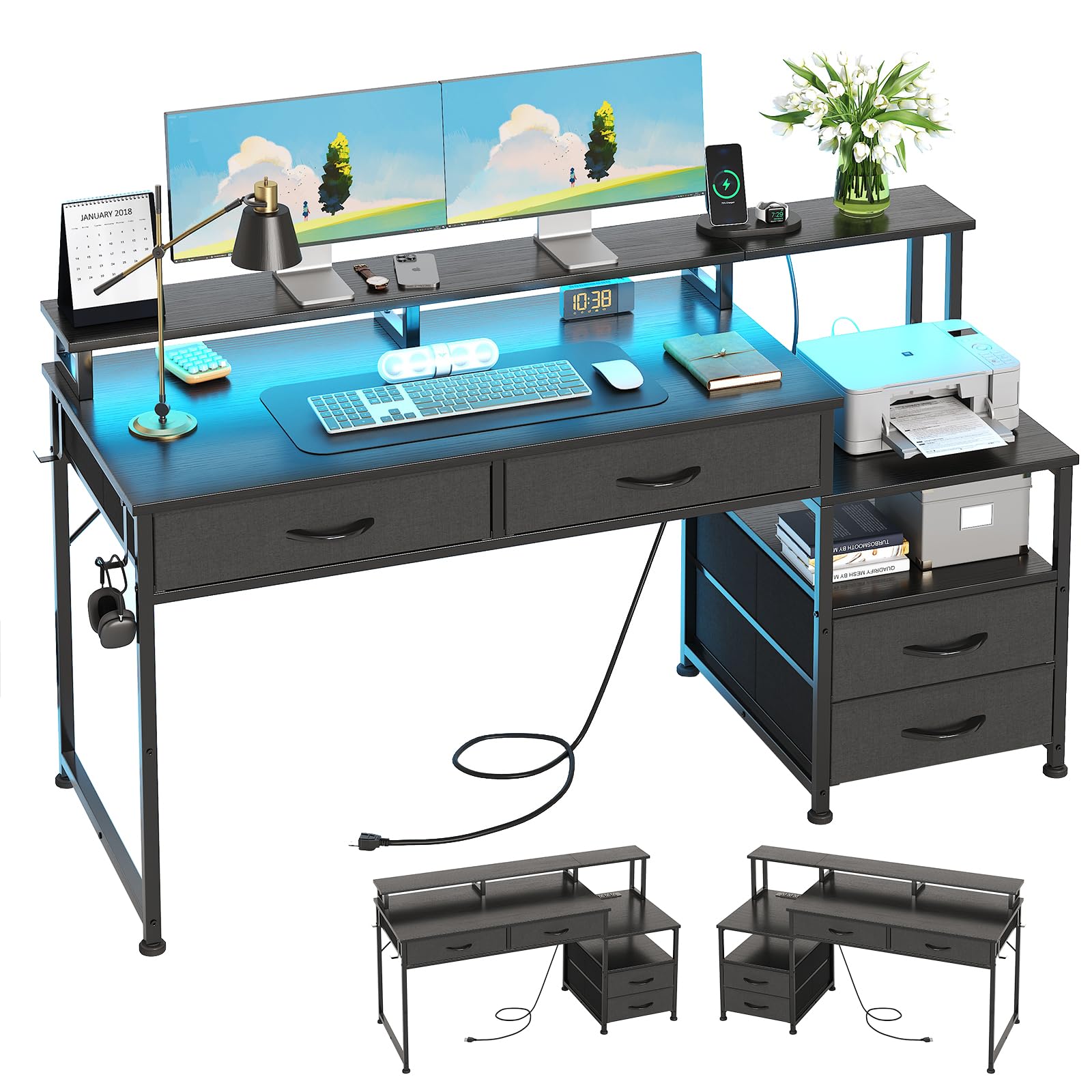 CAIYUN Computerschreibtisch mit 4 Schubladen & integrierten Steckdosen - Reversibler Schreibtisch für Home-Office, Gaming-Tisch mit Monitor- & Druckeraufsatz, LED-Licht fürs Schlafzimmer (Schwarz)