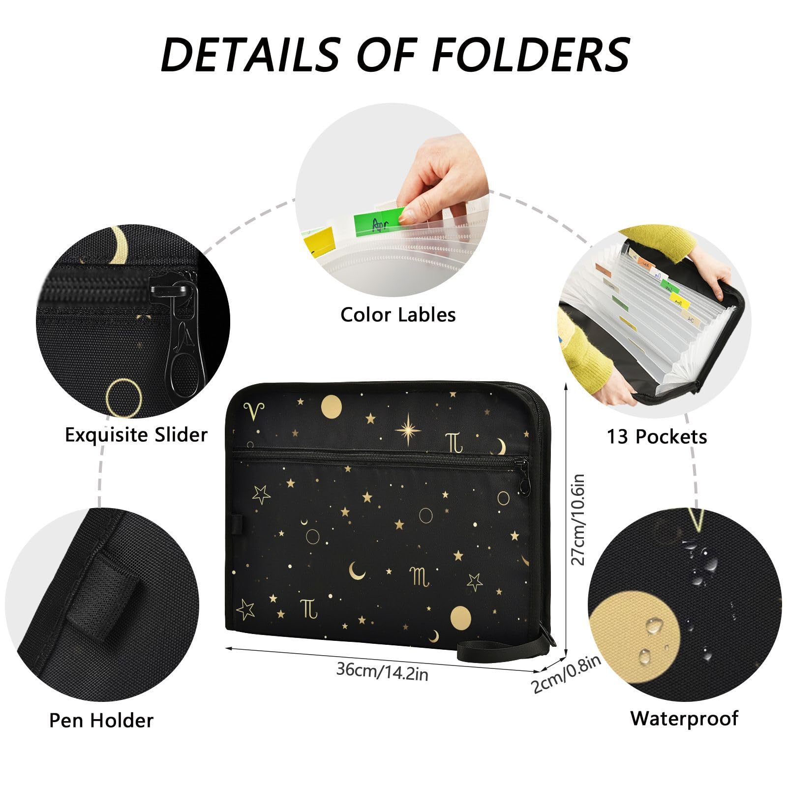 ALAZA Moon Star Zodiac - Carpeta de archivos expandible, 13 bolsillos, organizador de documentos expandible con cierre de cremallera para oficina en casa, tamaño A4, tamaño carta