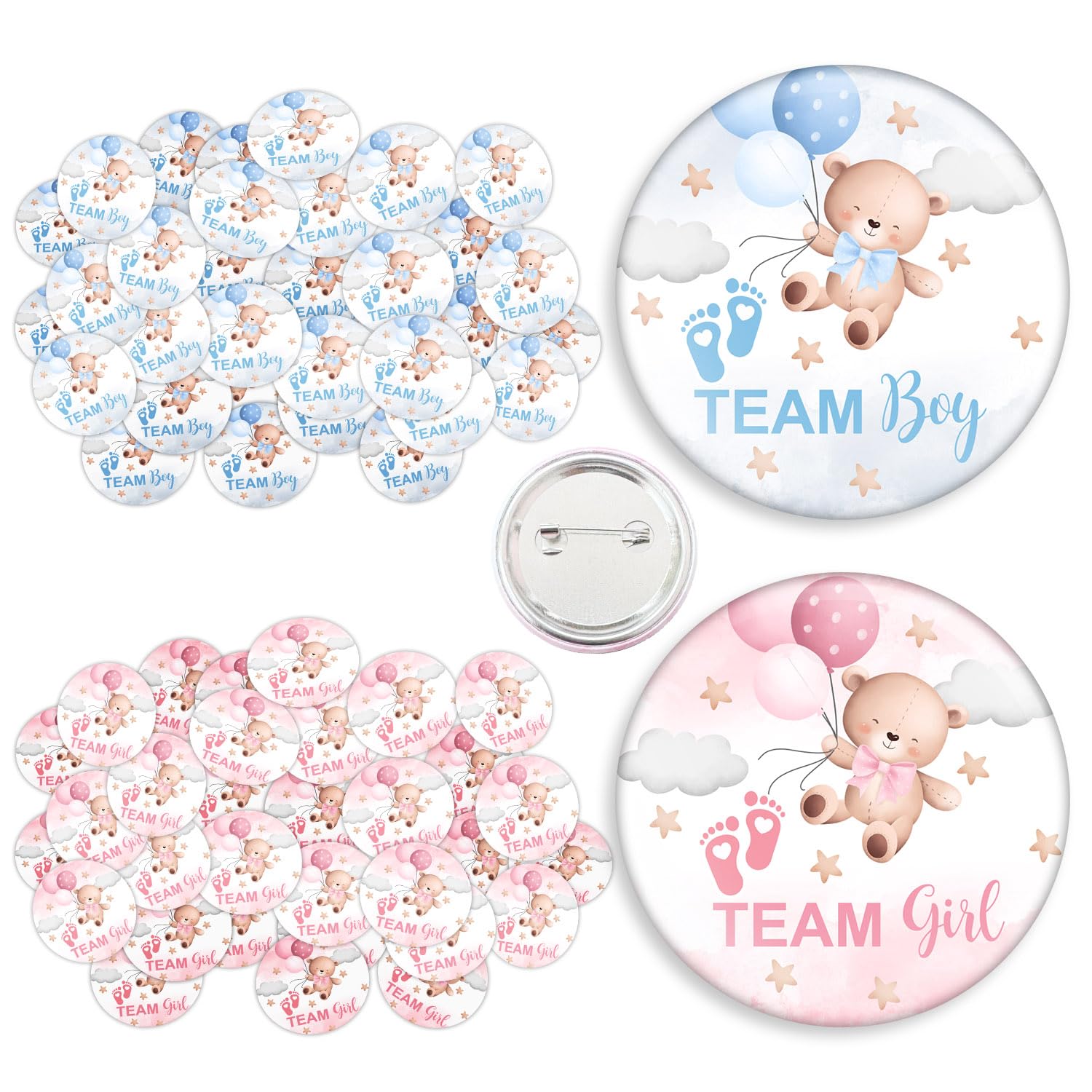 Przyciski ujawniające płeć na baby shower, przypinki drużynowe do ujawnienia płci, przypinki do gier dla gości, przypinki na imprezę dla dzieci, przypinki do gier imprezowych, 30 szt. 30 szt. 3,5 cala