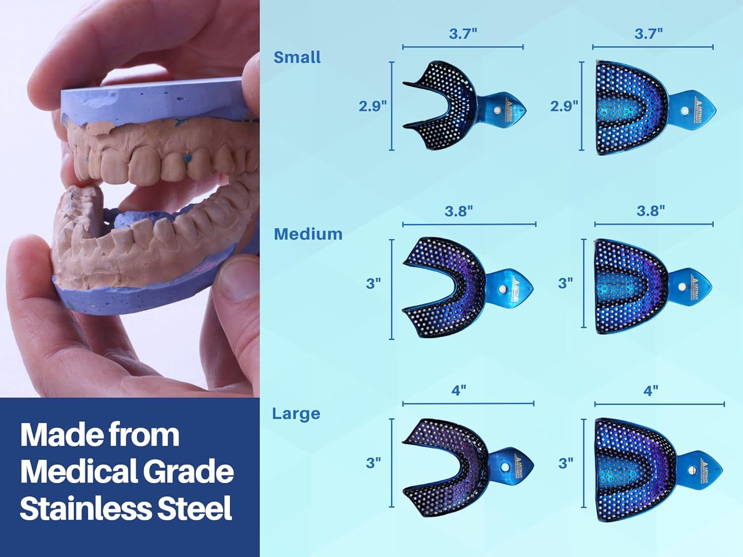 ARTMAN Instruments Dental Impression Trays – Plasma-Coated Metallic Blue Set of 6 Stainless Steel, Perforated, Autoclavable Trays (Small/Medium/Large – Upper & Lower)
