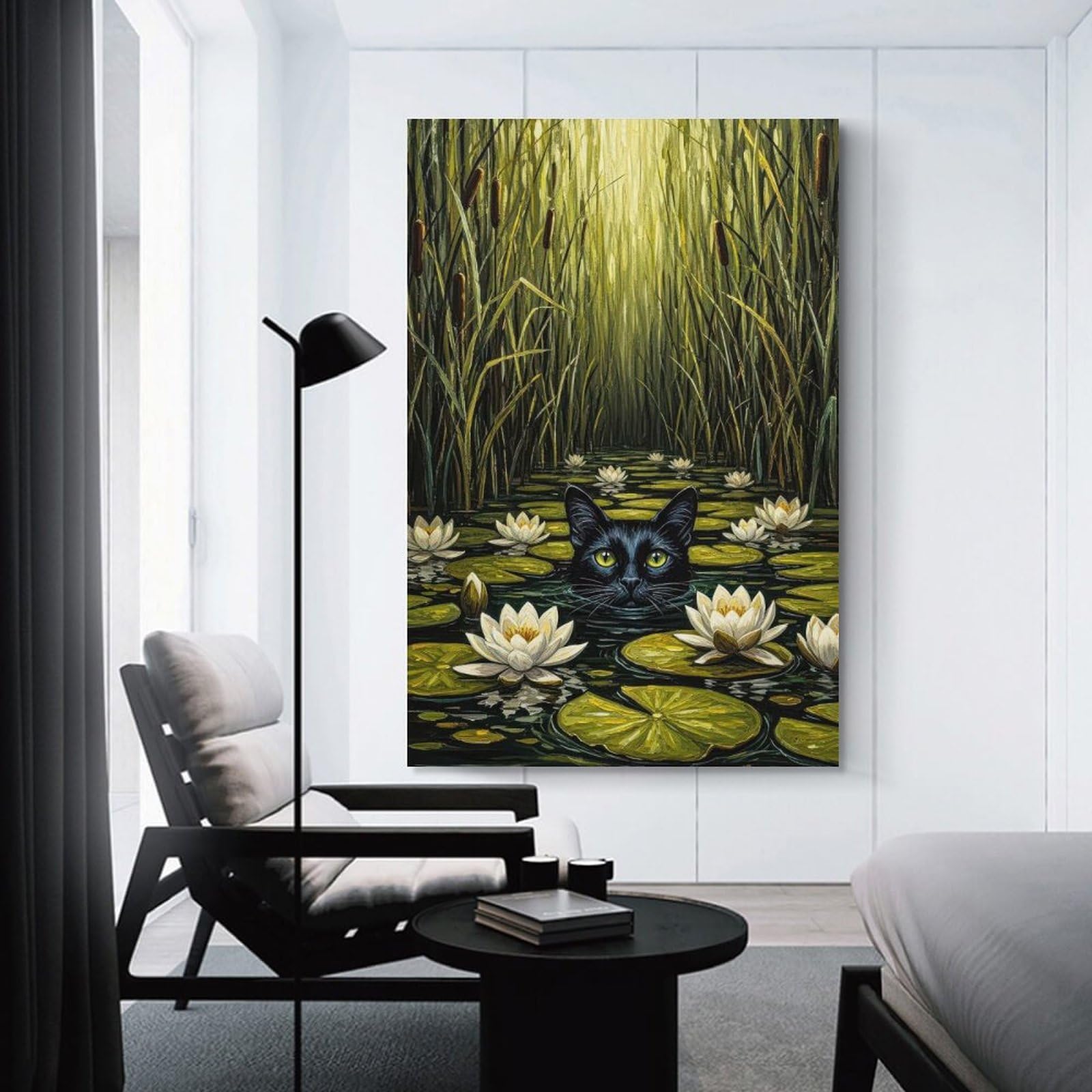 Junmoney Black Cat in Lily Pond Painting Canvas Art Print, 24x36inch(60x90cm), for Bedrooms, Workspaces And Everyday Interiors, A Flexible Wall Accent for Shared Spaces