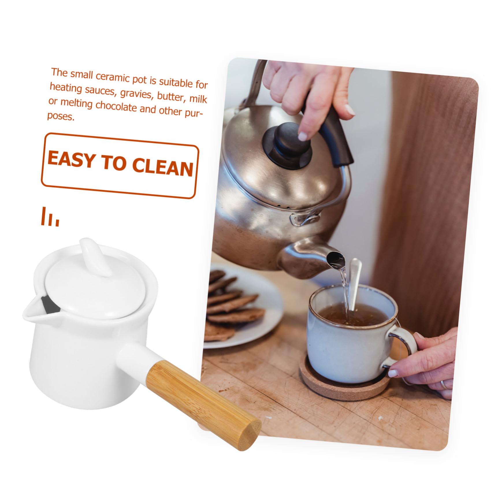 Didiseaon Pentola Mini Casseruola Antiaderente in Ceramica Bianca da 350ml per Latte Manico in Legno per Riscaldare Salse e Adatta a Lavastoviglie