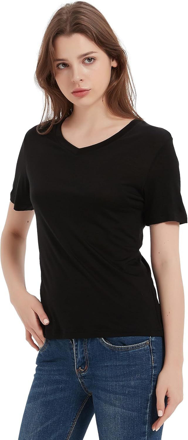 100% Merino Wool T-Shirt Women V Neck Short Sleeve Athletic Tee Lightweight No-Odor Base Layer