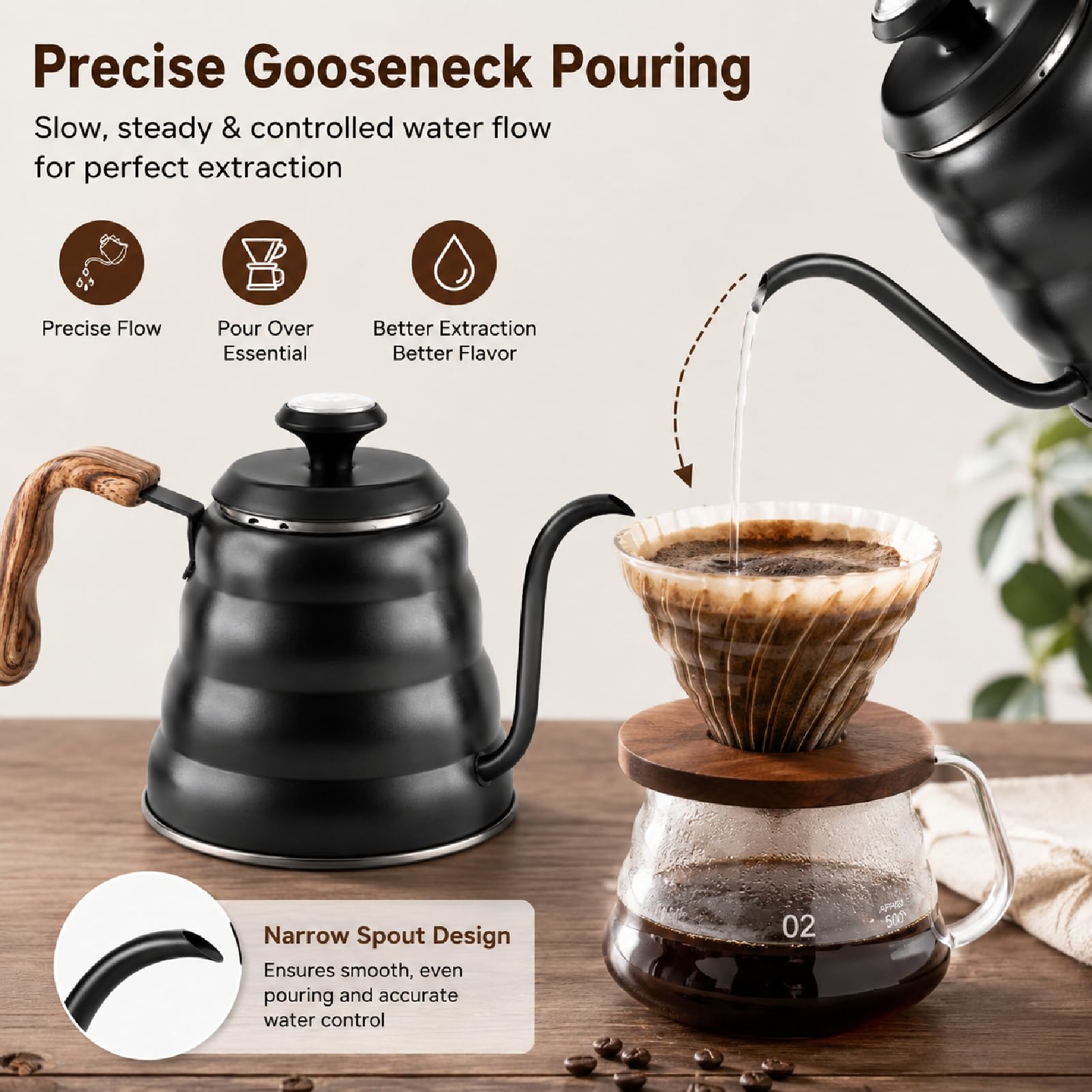 Kaffeetropfkessel Schwanenhals Stovetop Black Schwanenhals Wasserkocher Mit Thermometer, 1200ml Wasserkocher Induktion Edelstahl Gooseneck Kettle Schwanenhals