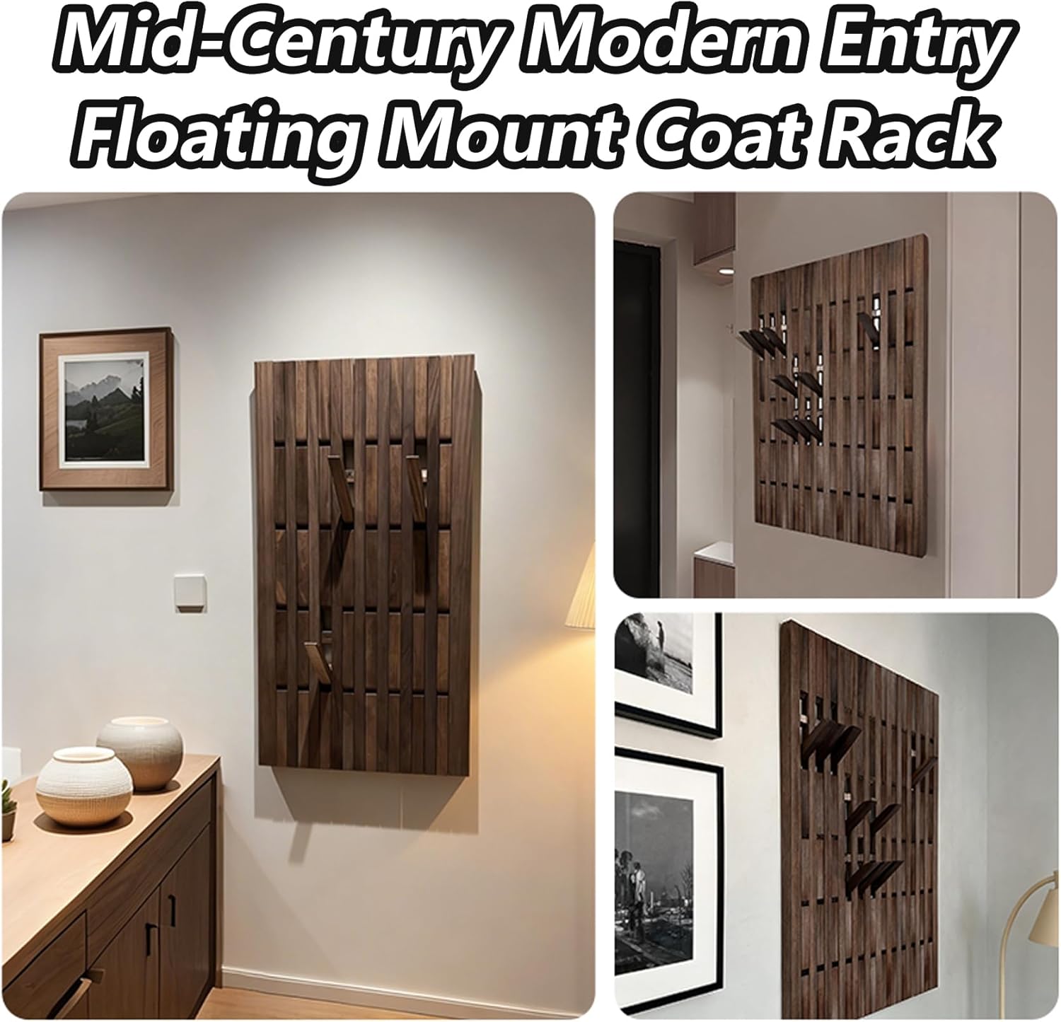 Walnut Wood Coat Rack Hooks Piano Key, Mid-Century Modern Walnut Entry Floating Mount Coat Rack, for Entrance Hall Area (22" L x 2" W x 41" H)