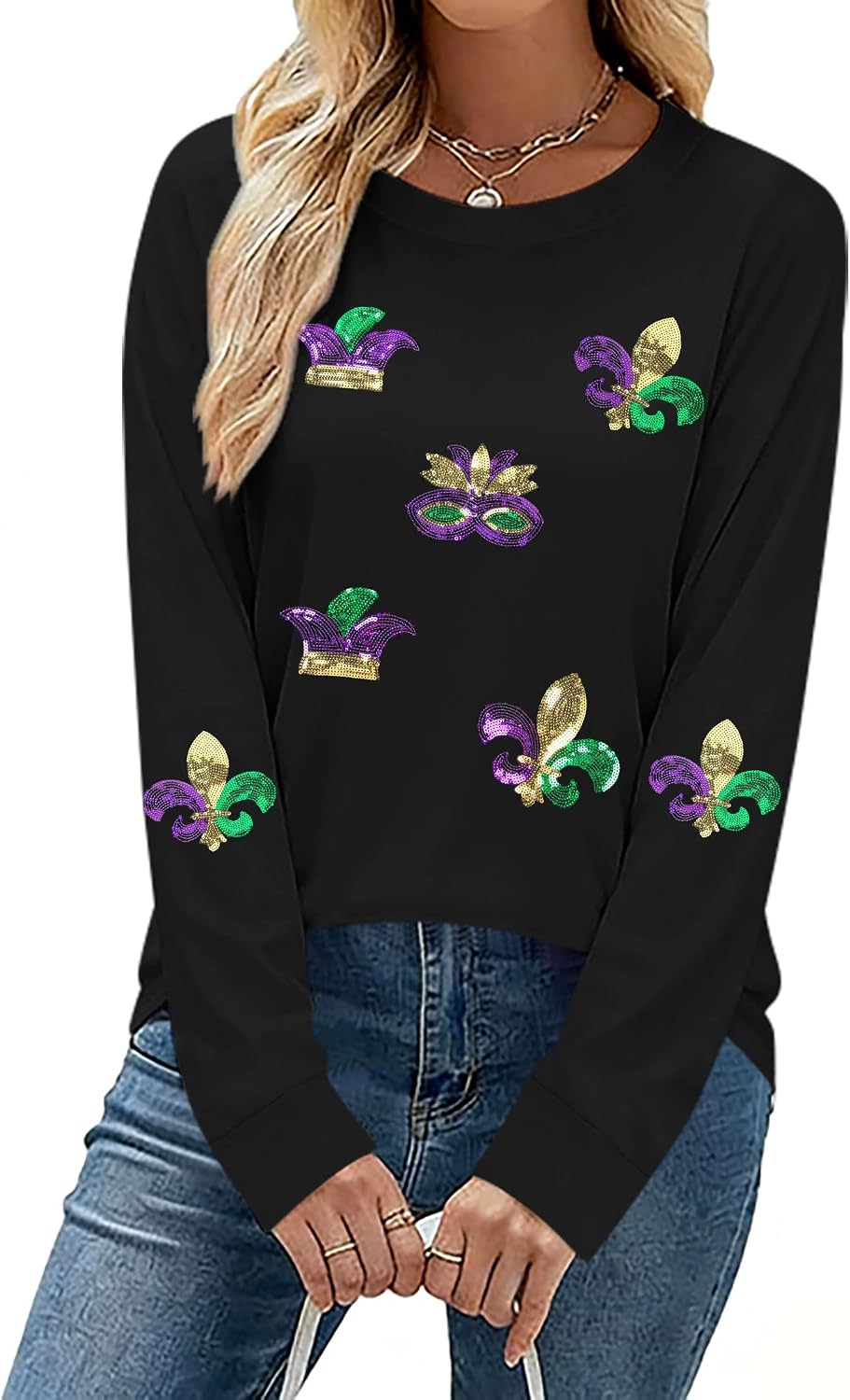 MAXIMGR Mardi Gras Sweatshirt Women Sequin Fat Tuesday Sweater Masks Graphic Shirt Carnival Crewneck Long Sleeve Tops